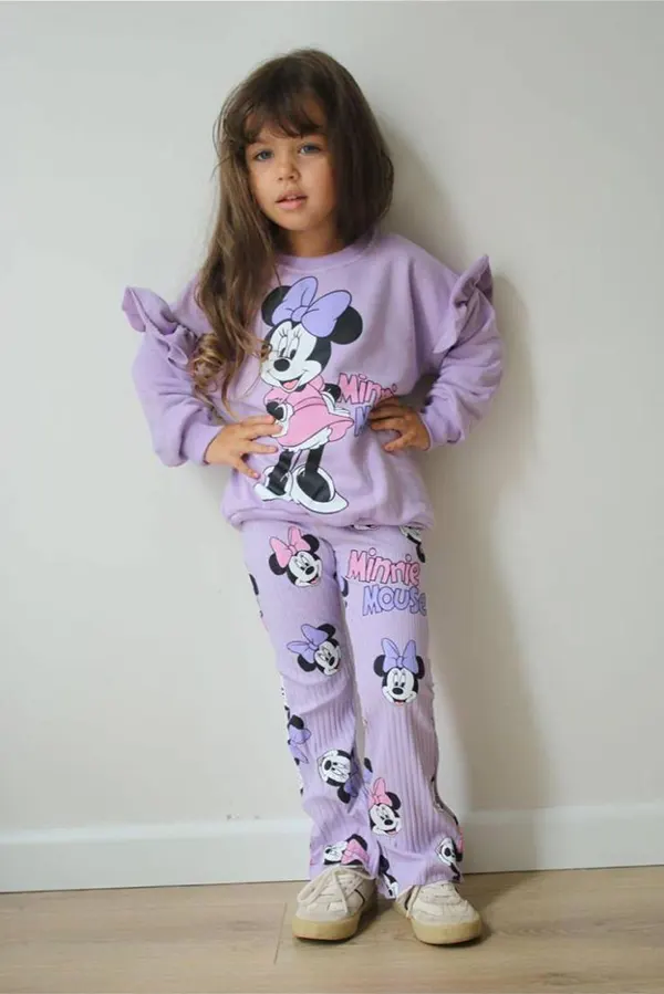 Minnie Mouse Kol Detaylı Lila Takım