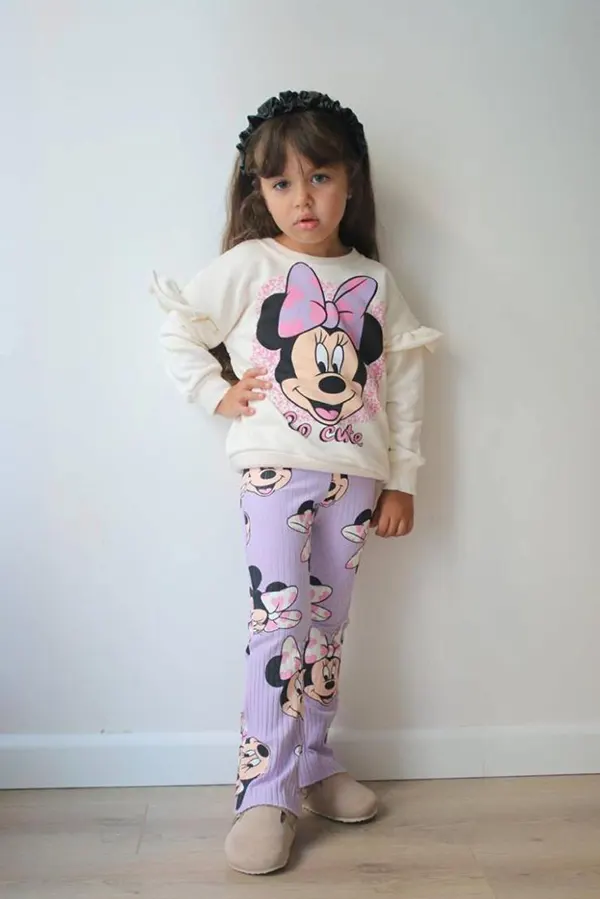 Minnie Mouse Krem Lila Kol Detaylı Takım